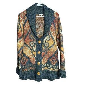 J. Jill Wool Blend Long‎ Cardigan Sweater Shawl Collar Southwest Blue Orange XS